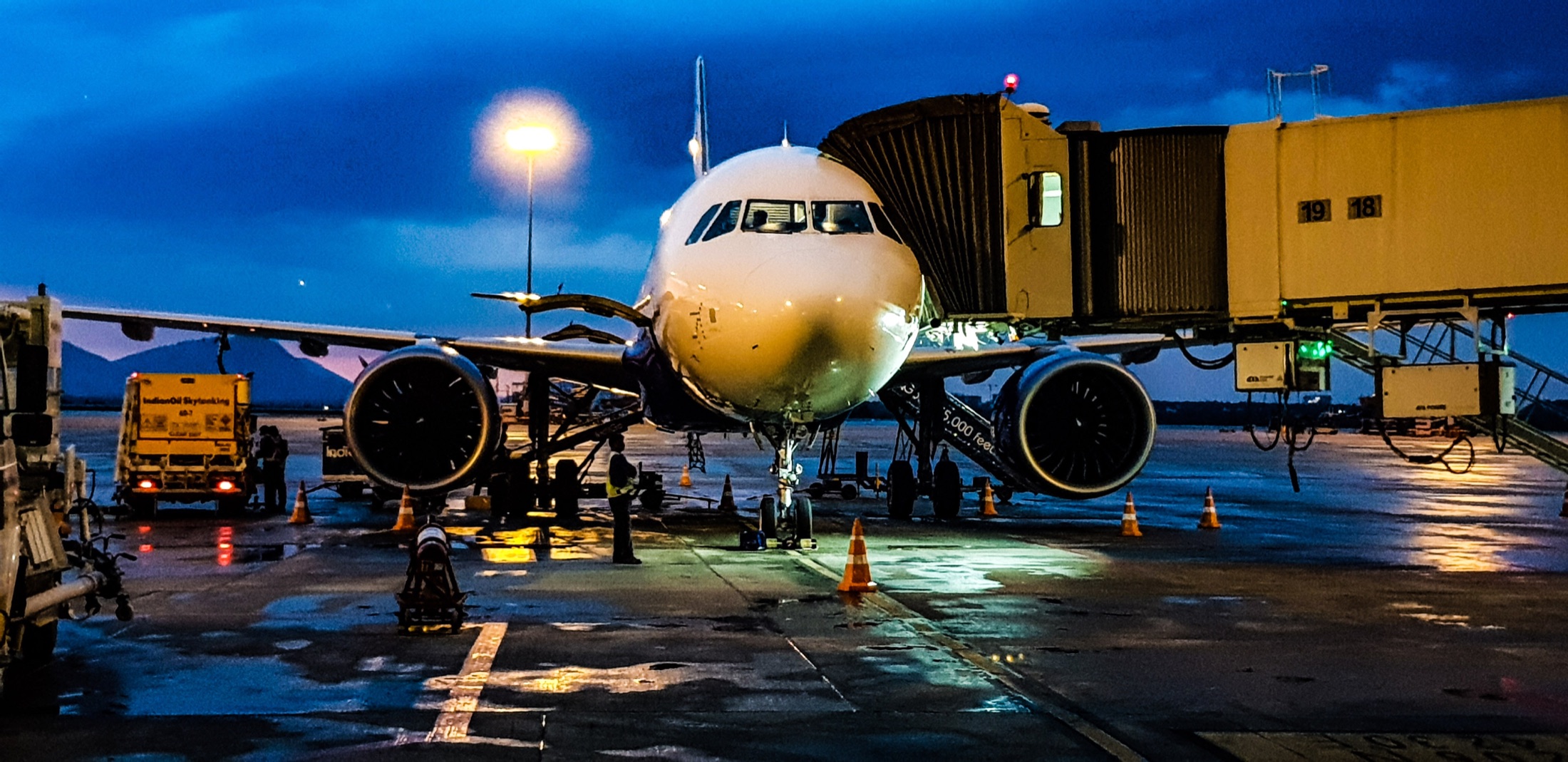 Aircraft at gate at dusk